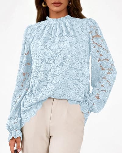 KIRUNDO Blouses for Women Dressy Casual Lace Long Sleeve Tops Mock Neck Ruffle Shirts 2026 Spring Fall Fashion Clothing(Blue, X-Large) - Thumbnail 4