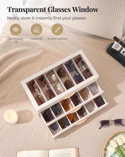 Lolalet 18 Slots Sunglasses Organizer Case for Women, 3-Layer Eyeglass Storage Holder Display Box with Clear Top Lid, Mothers Day Gifts -Cream - Thumbnail 3