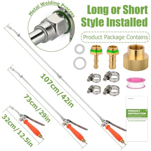 Tecreddy Replacement Pump Sprayer Wand, 41 Inch All Metal Spray Wand with Stainless Steel Extension Tubes, 1/4" 3/8" Brass Barbs & 3/4" Garden Hose Joint Parts for Weed Lawn Plants Careing Watering - Thumbnail 2