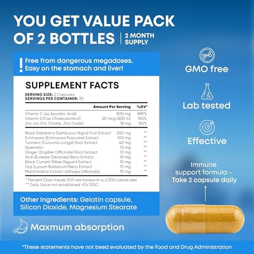 12 in 1 Immune Support Supplement - Immune Defense Vitamins w/VIT D3, Vitamin С, Zinс, Echinacea, Elderberry, Ginger &More - Natural Immunity System Booster - Immune & Muscle Health 120cs - Thumbnail 6