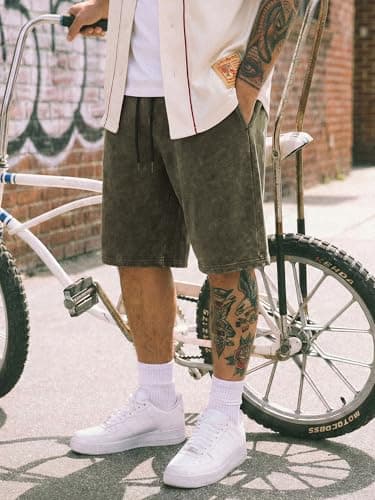 JMIERR Men's Athletic Shorts Moisture Wicking Vintage Acid Washed Cotton Loose Fit Elastic Waist Drawstring Casual Baggy Gym Shorts for Vacation,Office Date, Jungle Green, Medium - Thumbnail 3