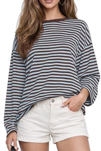 CHYRII Women Oversized Striped Long Sleeve T Shirts Fashion Casual Fall Spring 2026 Tops Y2K Clothes (Blue+Coffee S) - Image 1