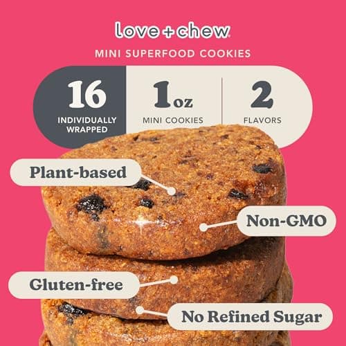 Love + Chew Superfood Mini Vegan Cookies, Gluten Free, 3-4g Plant Based Protein Per Cookie, Healthy Snacks, Refined Sugar Free, Individually Wrapped Cookies, Banana Bread and Cherry Almond, 16 Pack - Thumbnail 4