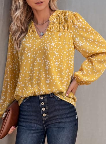 Dokotoo Womens Tops Spring Summer Blouses Boho Long Sleeve Shirts for Women Button Down V Neck Drawstring Babydoll Smocked Business Casual Outfits Ladies Elegant Blouses Plus Size Clothes Yellow XXL - Thumbnail 2