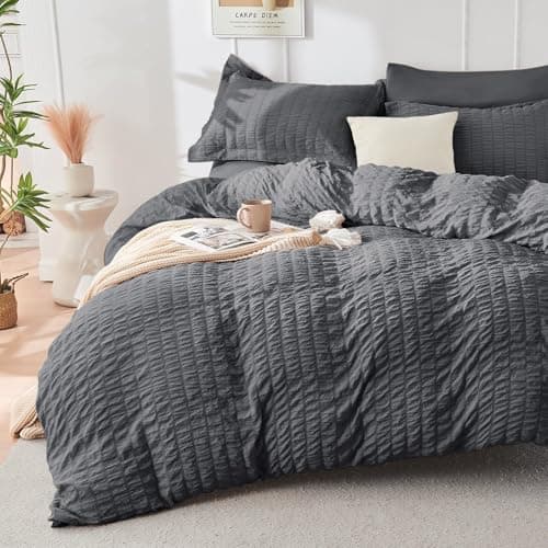 HYMOKEGE 7 Piece King Size Comforter Set Seersucker, All Season Luxury Bed in a Bag for Bedroom, Bedding Set with Comforters, Sheets, Pillowcases & Shams, Dark Grey - Thumbnail 2