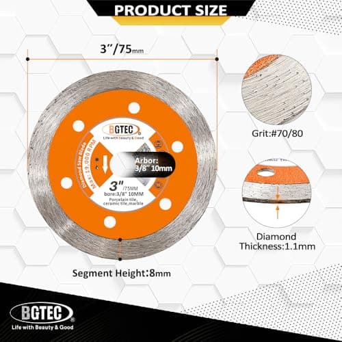 Diamond Tile Cutting Disc - BGTEC 3PCS Ceramic Tile Saw Blade 3 inch with 3/8 inch Arbor Continuous Toothing for Porcelain Ceramic Granite Marble Tile Granite - Thumbnail 3
