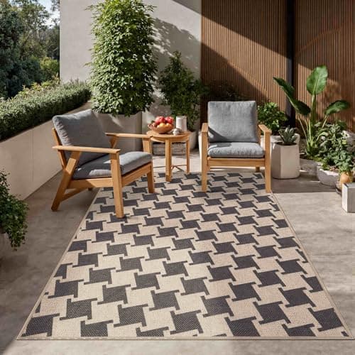 Latte&Fog Modern Checkered Easy Jute 4x6 Rug, Washable Outdoor Patio Rug for Living Room, Black and Brown Contemporary Non Slip Natural Indoor Carpet for Bedroom Backyard Office Dining Room - Image 1