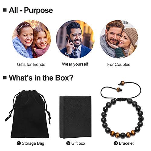 M MOOHAM Beaded Bracelets for Men - Gem Semi Precious Gemstone Round Bead Black Lava Rock Tiger Eye Adjustable Bracelet Men Gifts - Thumbnail 2