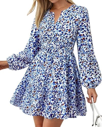 BTFBM Fall Dresses for Women 2026 Mini Long Sleeve Elastic Waist Summer Vacation Outfits Floral Wedding Guest Dress(Floral Dark Blue White, X-Large) - Image 1