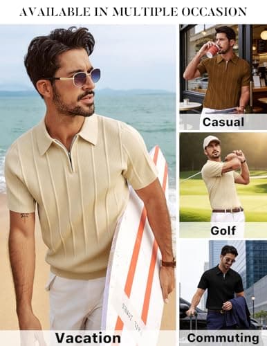 PJ PAUL JONES Casual Shirts for Men Textured Polo Shirt Short Sleeve Quarter Zip Stretch Knit Polo Regular Fit Black M - Thumbnail 6