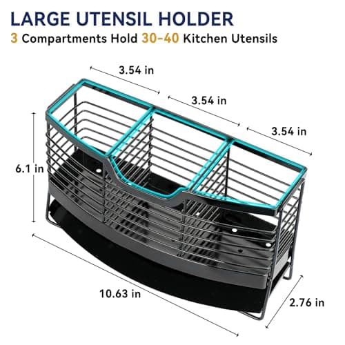 Basysnck Utensil Holder, Stainless Steel Utensil Drying Holder for Kitchen Counter, Self-Draining Utensil Drying Rack with 3 Compartments Cutlery Flatware Silverware Organizer - Thumbnail 2