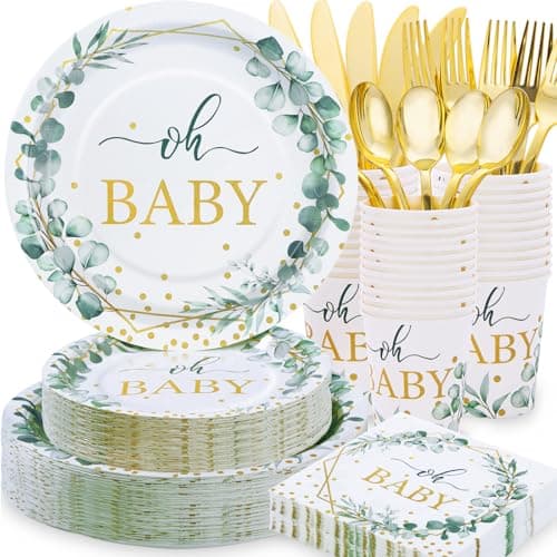 Gudvilla 350 Pcs Sage Green Baby Shower Decorations, Baby Shower Plates and Cups and Napkins Sets Serves 50, Oh Baby Plates with Gold Dots for Boho Baby Girl Boy Neutral - Image 1