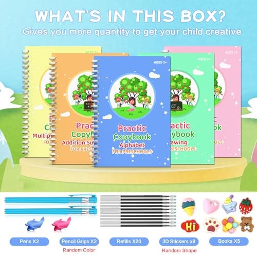 WANFRES Magic grooved Writing Practice Books Great for Beginners, 5 Books, 2 pens, 2 Pencil Grips, 20 Refills. grooved Handwriting Practice for Kids 3-10, Reusable grooved Handwriting workbooks. - Thumbnail 2