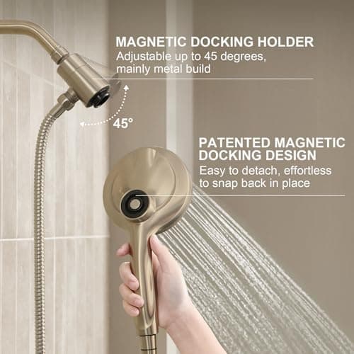 LAVA ODORO Handheld Shower Head with Magnetic Docking System, 10-Function High Pressure Detachable Shower Head, 5-inch Showerhead with 72 Inch Hose, Champagne Gold, SH180-CB - Thumbnail 3