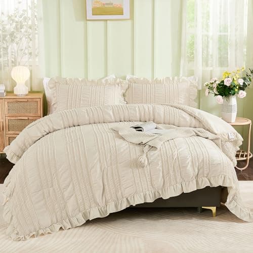 WONGS BEDDING Beige Ruffle Queen Comforter,Boho Shabby Chic Bedding for Queen Bed,Soft Seersucker Farmhouse Bedding Set with 1 Ruffled Comforter,2 Tufted Pillowcases 90"×90" - Thumbnail 4