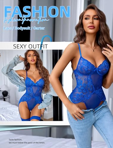 Avidlove Lace Bodysuit Sexy Garter Teddy with Strappy Details, Unique Luxury Lingerie for Special Nights & Gifts Royal Blue L - Thumbnail 3
