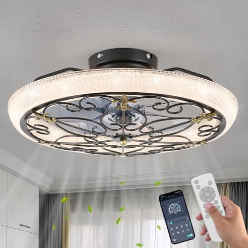 HuixuTe Black Caged Ceiling Fan with Lights Remote Control, 6 Speeds Rustic Industrial Ceiling Fan Light with Crystal Sand Lampshade for Kitchen Bedroom Living Room