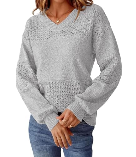 NORACORA Womens V Neck Fall Sweaters 2025 Casual Long Sleeve Ribbed Knit Pullover Lightweight Crochet Pullover Sweater Tops Grey - Thumbnail 3