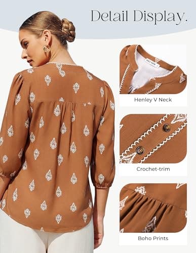GRACE KARIN Boho Tops for Women Summer, Dressy Casual Floral Blouses, V Neck Button Up 3/4 Sleeve Shirts for Vacation Brown XL - Thumbnail 5