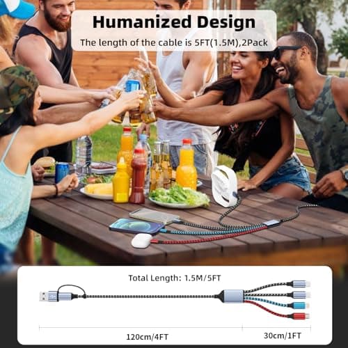 4 in 2 Multi Charging Cable, USB A/C Cable with Dual Type-C/IP/Micro USB, Travel Charger for Multiple Devices, Phone Charger Cord for iPhone 17/16/15/14, Galaxy, Android Tablet Pad (2Pack 5FT) - Thumbnail 6