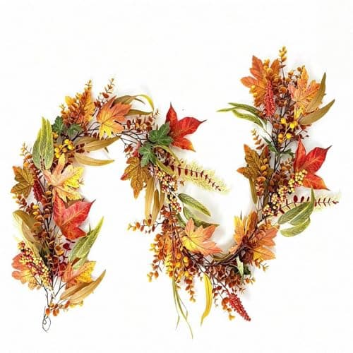 HipTree 6FT Fall Maple Leaf Garland with Wheat Grass Berries, Artificial Autumn Harvest Garland for Thanksgiving Halloween Mantle Fireplace Table Centerpiece Indoor Outdoor,Fall Decorations for Home