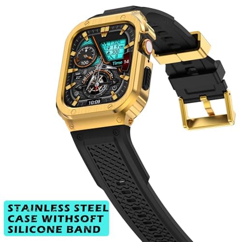 Deczone Band with Stainless Steel Case Compatible with Apple Watch Series 9 8 7 45mm Band, iwatch Bands Rugged Metal Protective Cover for Men (Gold) - Thumbnail 3