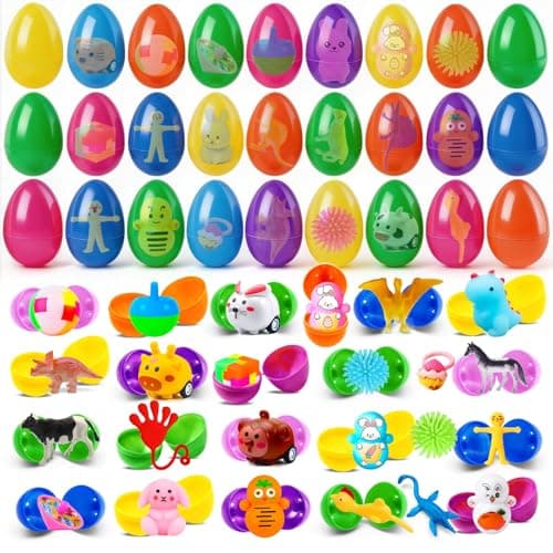 Coneatness 220 Pcs Prefilled Easter Eggs and Toys, 110 Eggs Pre Filled with 110 Toys inside, Easter Basket Stuffers Party Favors Prizes for Kids