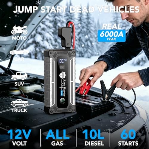 Car Jump Starter 6000A, Portable Jump Starter 12V Car Battery Booster Jump Box Pack for All Gas & 10.0L Diesel Engines with 3 Modes Flashlight and Jumper Cables (6000A) - Thumbnail 2