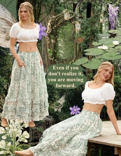 Maxi Skirts for Women Floral Chiffon Elastic High Waist Flowy Ruffle Long Skirt with Pokets Green Floral S - Thumbnail 4