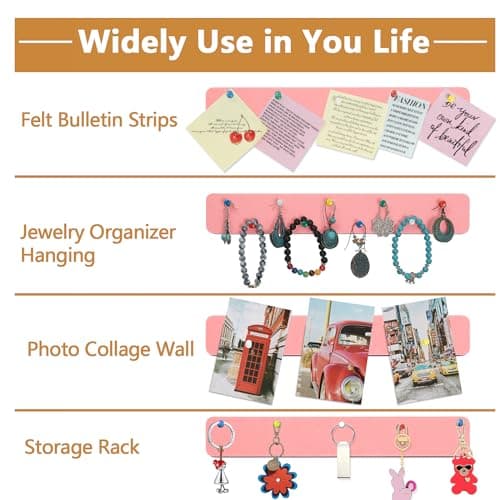 Felt Pin Board Bar Strips Bulletin Board for Bedrooms Offices Home Wall Decoration, Notice Board Self Adhesive Cork Board with 35 Push Pins for Paste Notes, Photos, Schedules - Thumbnail 3