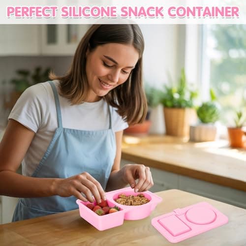 Dalycro Silicone Snack Containers with Lids – Reusable Snack Containers with Double Compartments for Adults Mini Silicone Food Box Perfect for Travel Lunch Gym (Pink) - Thumbnail 6