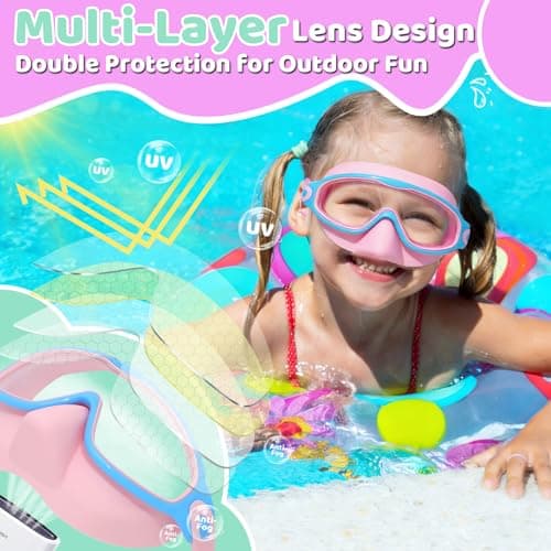 Vvinca Kids Swim Goggles 2 Pack with Nose Cover and Attached Earplugs, Wide View Anti-Fog/UV Swimming Goggles for Age 3-12 Boys Girls, No Leak Pool Water Clear Swimming Goggle for Youth Toddler - Thumbnail 6