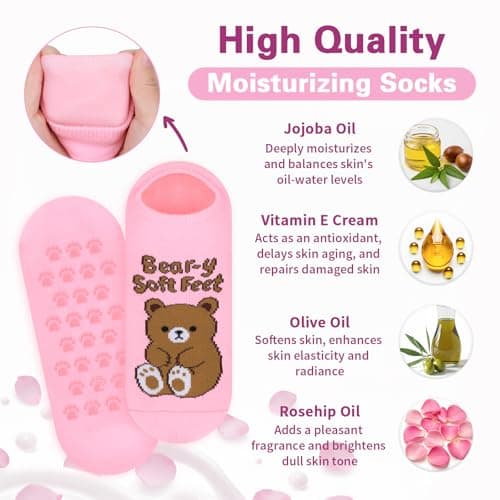 COZYMATE Moisturizing Socks for Women Funny Bear Gel Socks Infused with Vitamin E & JoJoba Oil for Dry Cracked Feet Overnight Spa Self Care Gifts (Pink, One Size) - Thumbnail 4