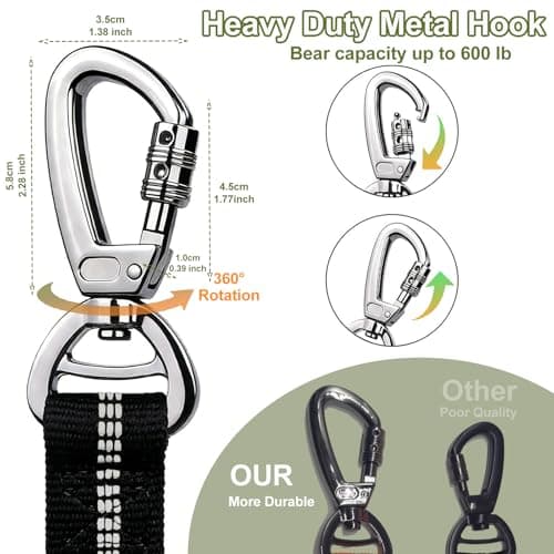 Dog Leash Heavy Duty - 4-6FT Long Leash Strong Shock Tactical Tug Leashes, Dog Seat Belt for Car with 2 Padded Handles, Reflective Rope Lead for Medium L X-Large Dogs Walking Running Training (Black) - Thumbnail 2