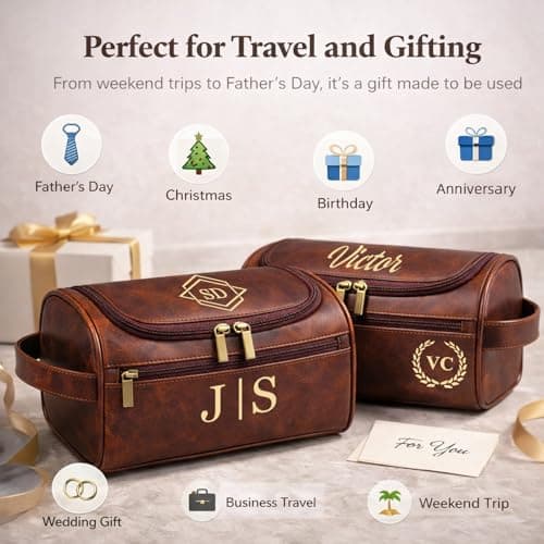 Xpanrous Personalized Travel Toiletry Bag - Hanging Toiletry Bag for Men Water Resistant Leather Shaving Bag with Large Capacity for Travel, Custom Engraving Gift for Husband Dad (Light Brown) - Thumbnail 6