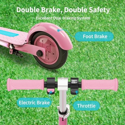 Electric Scooter for Kids Ages 6-12, 150W Hub Motor, Colorful Lights, LED Display, Dual Brake System, 4 Height Adjustable Electric Scooter, Best Gifts for Kids, Pink - Thumbnail 4