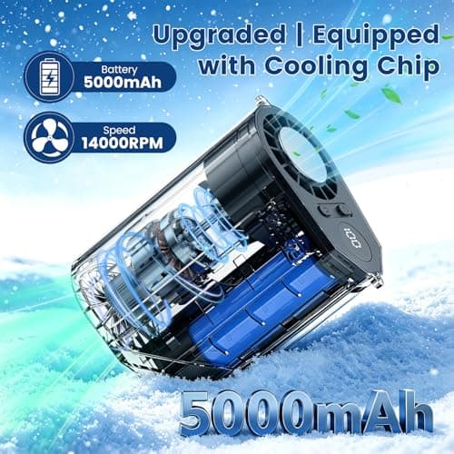 Portable Waist Fan Clip on with Ice Cooler, 14000RPM Strong Airflow Rechargeable Neck Fan, Mini Fan Hands-Free with 5 Speeds & 26H Working Time for Outdoor, Indoor, Jobsite, Camping, Black Grey - Thumbnail 5
