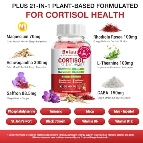 Bvlaue Cortisol Supplements for Women & Men - Cortisol Reducer Detox Manager with Ashwagandha/Magnesium/L-theanine/GABA/Vitamin B6 for Mood/Sleep/Stress Relief 90 CT Strawberry Flavor Gummies - Thumbnail 2