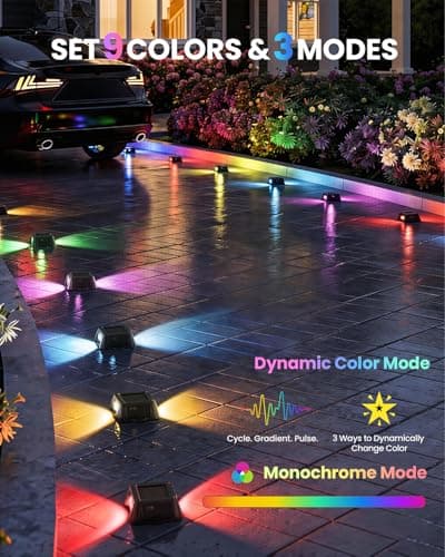 TECKNET Solar Driveway & Deck Lights,9 Colors+3 Dynamic Modes,IP68,12 Pack - Thumbnail 2