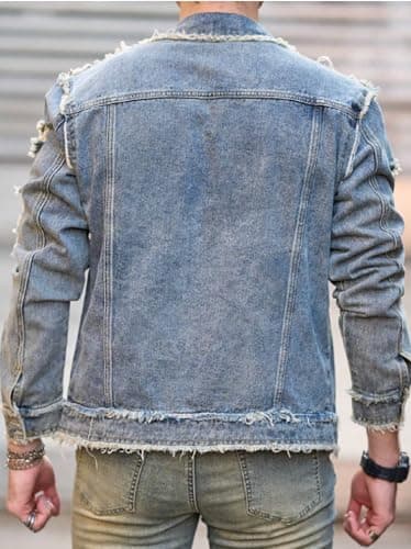 Huang's Men's Denim Jacket with Distressed Ripped Details Classic Fit Non - Stretch Fabric Cool Stylish Caual Coat (US, Alpha, XX-Large, Regular, Regular, Y043) - Thumbnail 3
