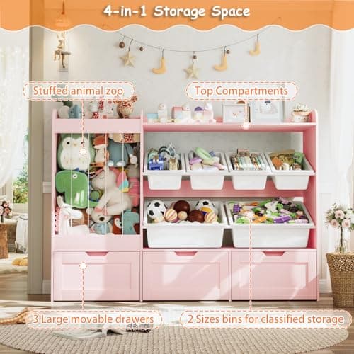 VortinT 50.6" W Large Toy Organizer, Kids Toy Storage with Stuffed Animal Holder, 6 Removable Plastic Bins, 3 Rolling Boxes, Wooden Toddler Bookshelf Organization for Kids Room, Living Room(Pink) - Thumbnail 3