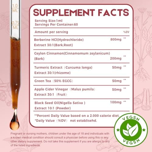 Ceylon Cinnamon Berberine Bitter Liquid Drops Supplement with Turmeric,Green Tea,Apple Cider Vinegar,Black Seed Oil for Immune System & Digestive System Supports 2 FL OZ - Thumbnail 2