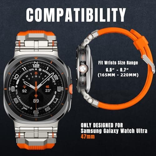 Bandletic Liquid Silicone Bands Compatible with Samsung Galaxy Watch Ultra Band 47mm for Men Women 2025 2024 - Soft Sport Strap with Stainless Steel Buckle - Orange Band with Titanium Connector - Thumbnail 6
