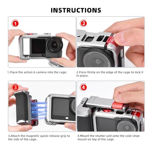 Flymile Action 6 Grip Kit (with Metal Cage), Aluminum Alloy Camera Handle Bundle Expansion Mount with Shutter Button, Quick Release, Cold Shoe, 1/4" Threaded Hole for DJI Osmo Action 6 Accessories - Thumbnail 4