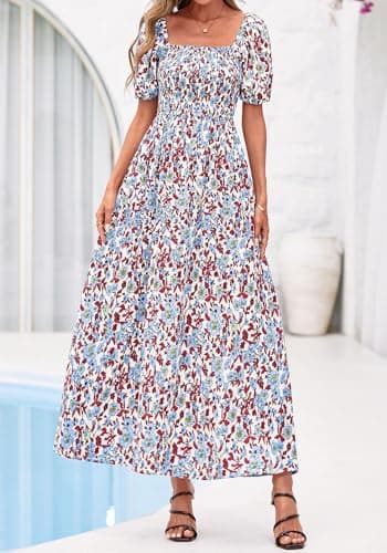 BTFBM Spring Summer Dresses for Women 2026 Puff Short Sleeve Smocked Floral Print Boho Beach Wedding Guest Maxi Dress(Floral Beige Multi, Medium) - Thumbnail 4