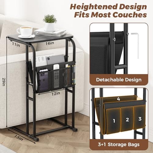 Olldide C-Shaped End Table with Storage Bag, Side Table for Living Room Bedroom, Slide Under Couch Sofa TV Trays Desk, Small Narrow Space Applicable, Black - Thumbnail 2