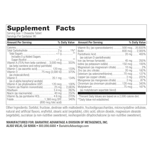 Bariatric Advantage Chewable Ultra Solo with Iron - Once-Per-Day Daily Multivitamin - for Bariatric Patients - with Thiamin, Vitamin A & More - Gluten Free - Citrus - 90 Tablets - Thumbnail 4