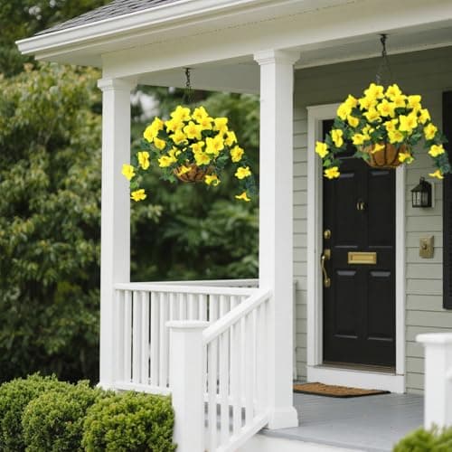 BSMYBO 2Pcs Artificial Hanging Flowers for Outdoors, Fake Outdoor Flowers Faux Petunias Silk Flowers for Outdoor planters UV Resistant for Home Garden Balcony Yard Porch Patio Decor (Yellow) - Thumbnail 6
