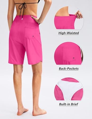 Viodia Women's 9" Long Swim Board Shorts with Pockets High Waisted Beach Swimsuits Knee Length Short for Women with Liner Rosy - Thumbnail 5