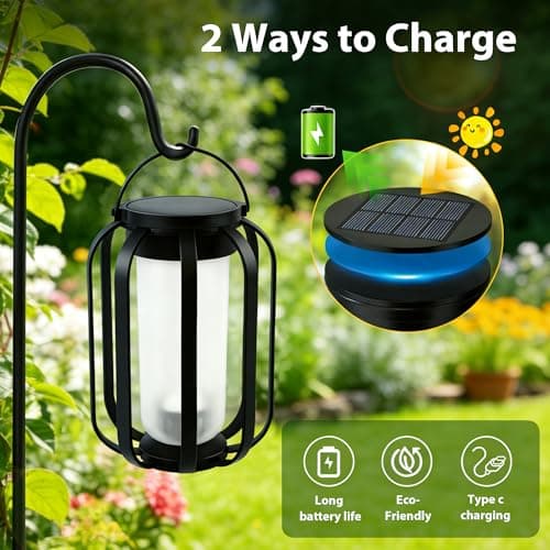 Solar Lanterns Outdoor Lights, 2 Pack Flickering Flame Garden Lights with 2 Modes Dual Charging USB & Solar, Outdoor Waterproof Hanging Lantern for Halloween Party Holiday Decor - Thumbnail 6